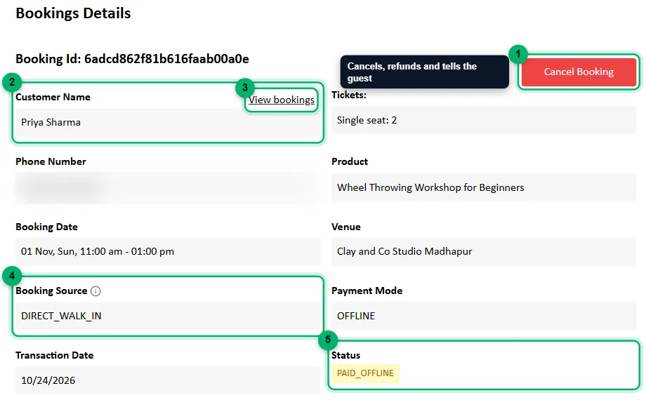 A booking’s details with the Cancel Booking button and key fields numbered