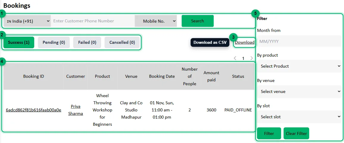 The Bookings page with the search, status tabs, download link, table and filters numbered