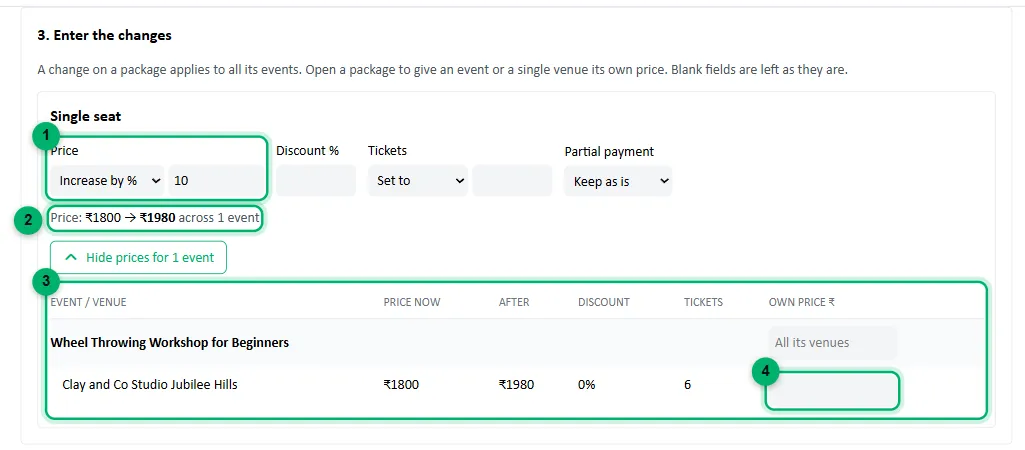 A package with a 10% increase, its before and after line, and its events table numbered