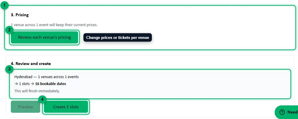 The Pricing and Review steps after a preview, numbered