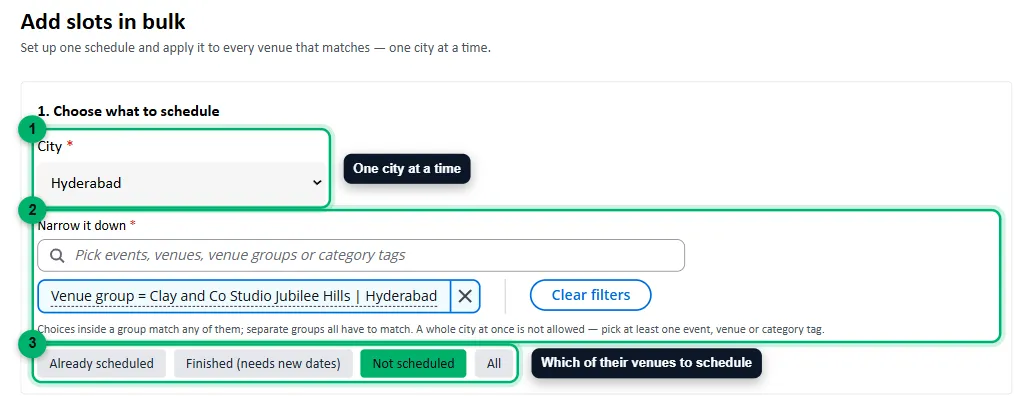 Step 1 of Add slots in bulk, with the city, filter and tabs numbered