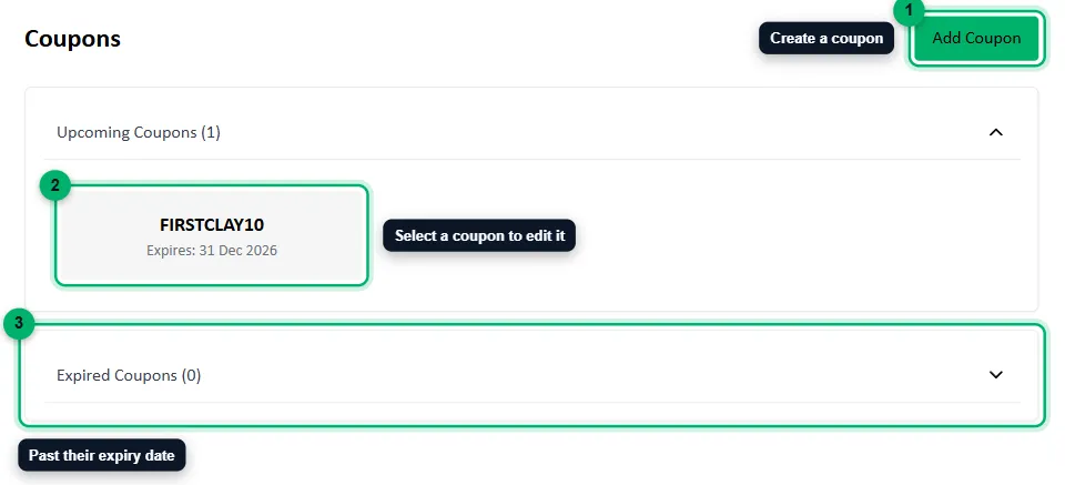 The Coupons page with the Add Coupon button, a coupon and the expired list numbered