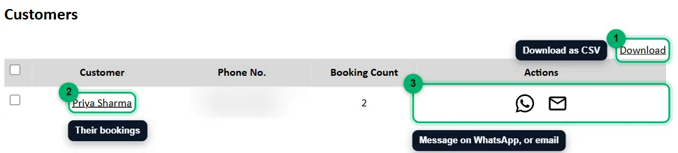 The Customers page with the Download link, a customer and the actions numbered