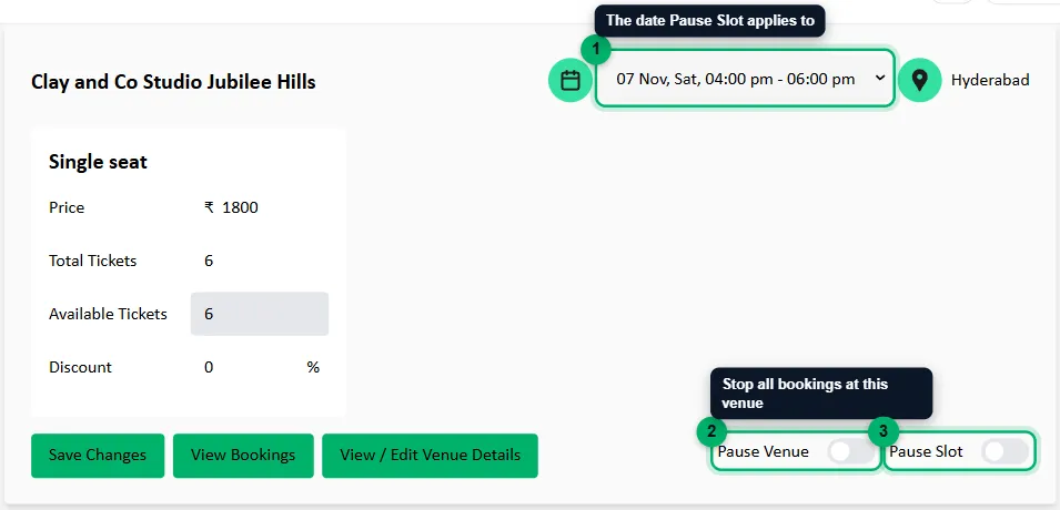 A venue on the Products page with the date and pause switches numbered