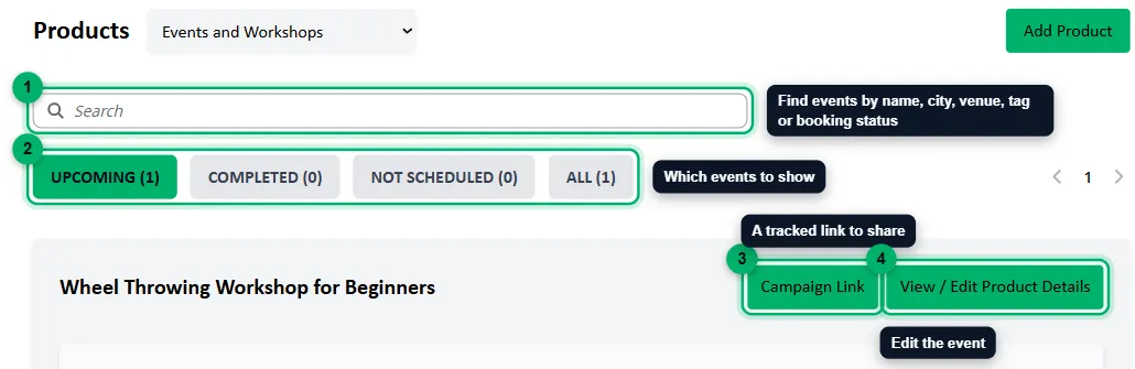 The Products page with the search, the tabs and an event’s buttons numbered