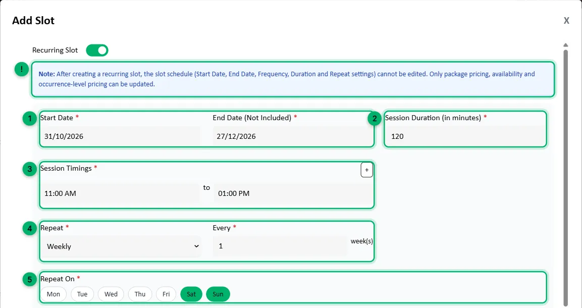 The Add Slot window for a repeating schedule, with each field numbered