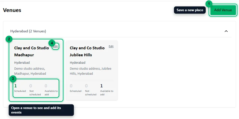 The Venues page with the Add Venue button and a venue card numbered