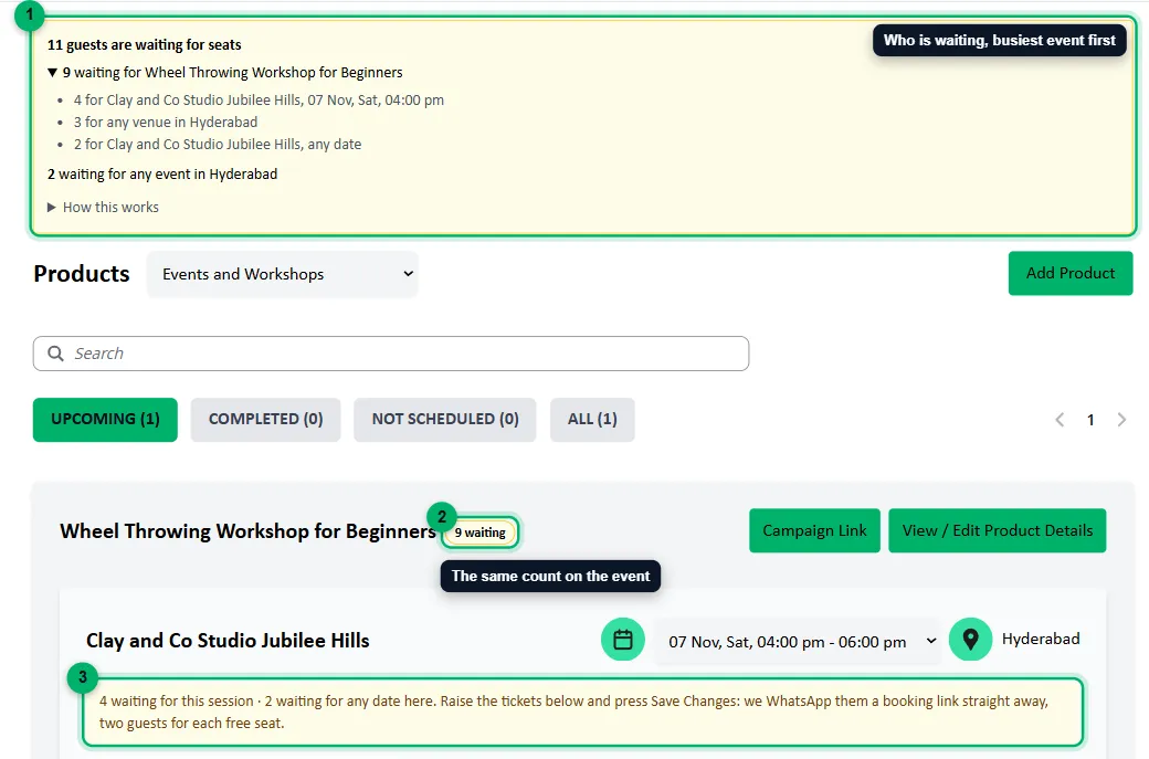 The waitlist notice on the Products page, an event’s waiting count and a venue’s waiting line numbered