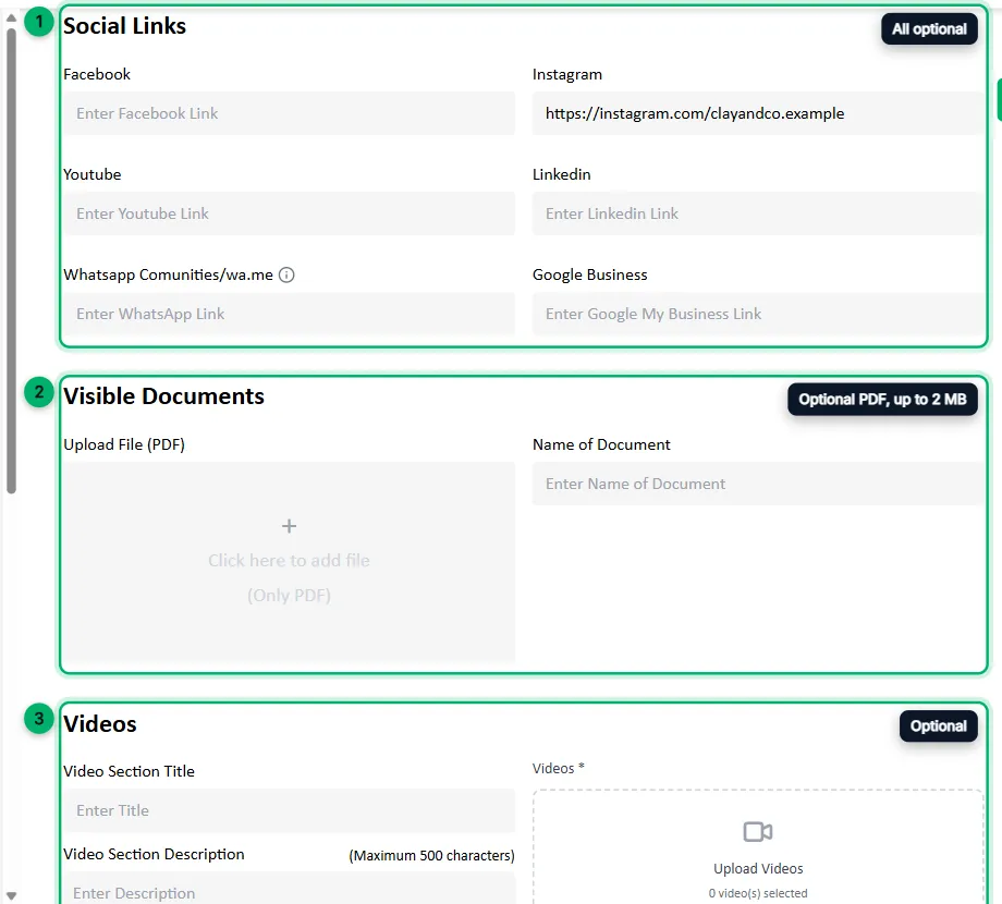The Social Links, Visible Documents and Videos sections, numbered